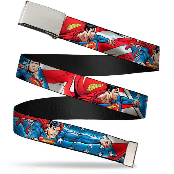 Buckle-Down Chrome Buckle Web Belt - Superman Action Poses/Stars & Stripes Webbing