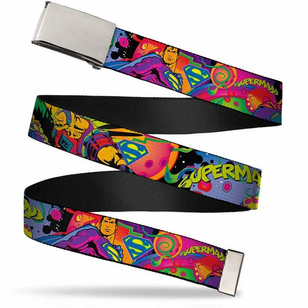 Buckle-Down Chrome Buckle Web Belt - SUPERMAN Poses/Battling Mongul Black/Multi Neon Webbing