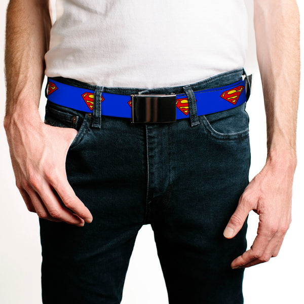 Buckle-Down Chrome Buckle Web Belt - Superman Shield Blue Webbing