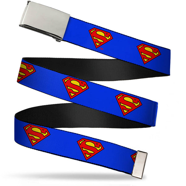 Buckle-Down Chrome Buckle Web Belt - Superman Shield Blue Webbing