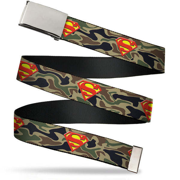 Buckle-Down Chrome Buckle Web Belt - Superman Shield Camo Olive Webbing