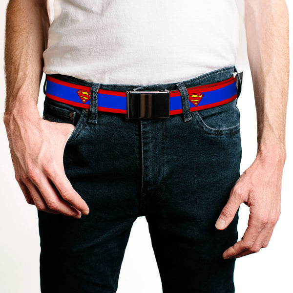 Buckle-Down Chrome Buckle Web Belt - Superman Shield/Stripe Red/Blue Webbing