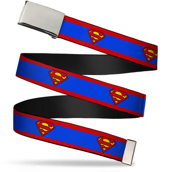 Buckle-Down Chrome Buckle Web Belt - Superman Shield/Stripe Red/Blue Webbing