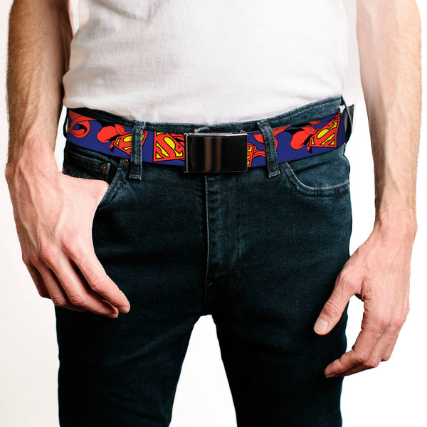 Buckle-Down Chrome Buckle Web Belt - Superman Shield W/Cape Webbing