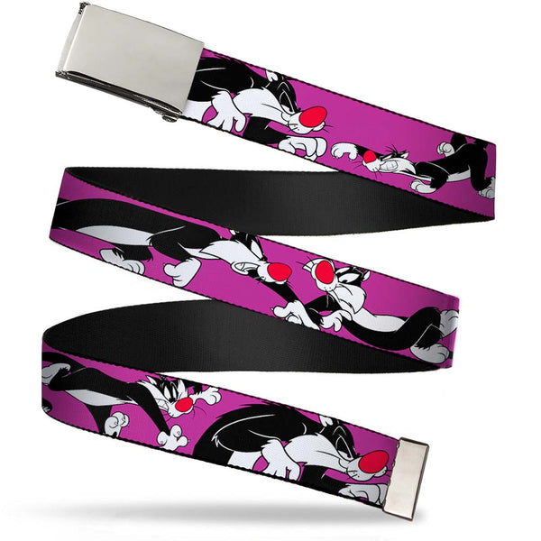 Buckle-Down Chrome Buckle Web Belt - Sylvester the Cat Poses Purple Webbing