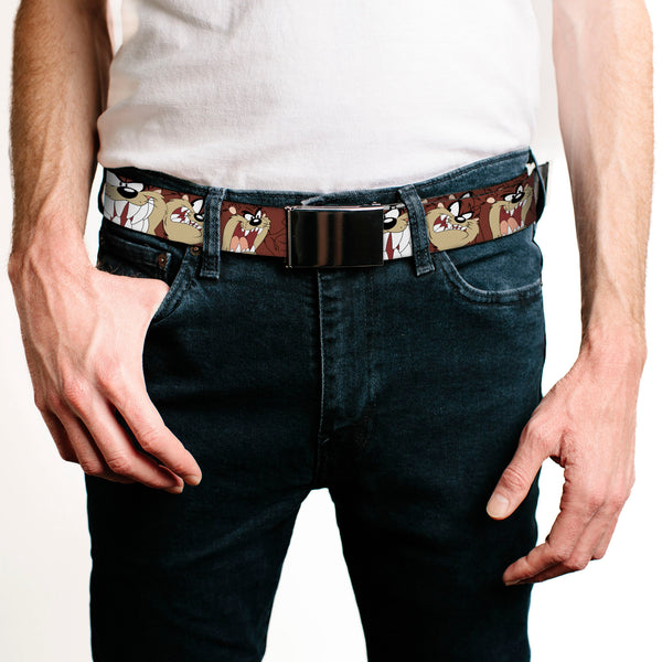 Buckle-Down Chrome Buckle Web Belt - Tasmanian Devil Expressions Brown Webbing