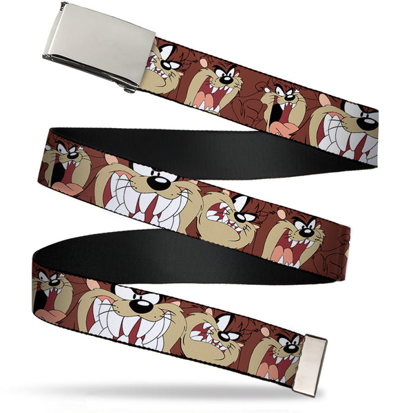 Buckle-Down Chrome Buckle Web Belt - Tasmanian Devil Expressions Brown Webbing