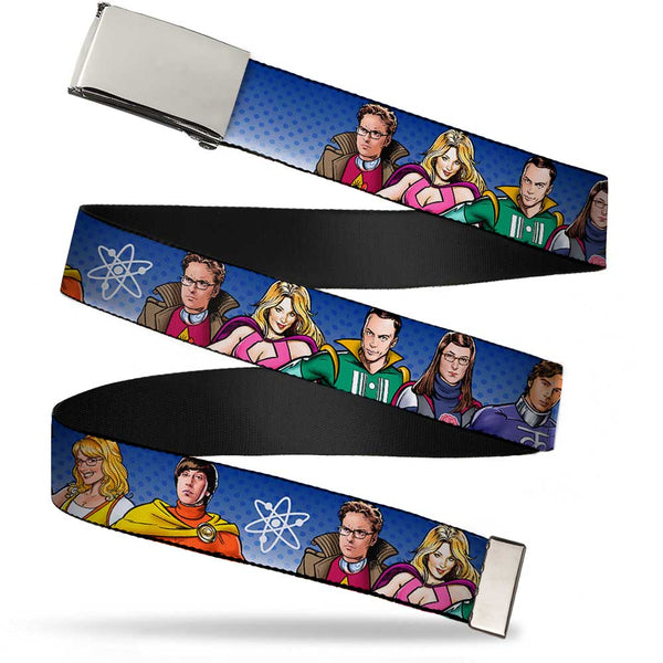 Buckle-Down Chrome Buckle Web Belt - The Big Bang Theory Superhero Characters Group Blue Dot Fade Webbing