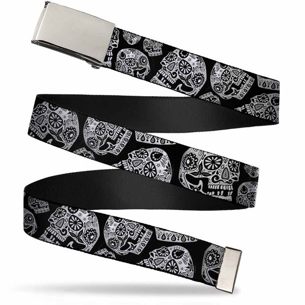 Buckle-Down Chrome Buckle Web Belt - The Dust of Living II Sugar Skulls Black/White Webbing