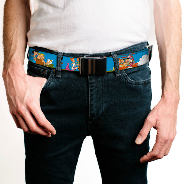 Buckle-Down Chrome Buckle Web Belt - The Flintstones And Rubbles Group Pose/Logo Blue Webbing