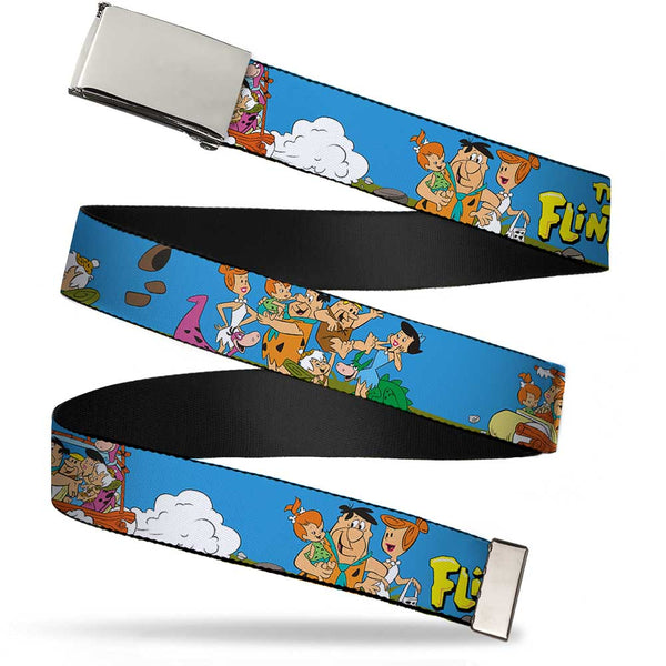 Buckle-Down Chrome Buckle Web Belt - The Flintstones and Rubbles Group Pose/Logo Blue Webbing