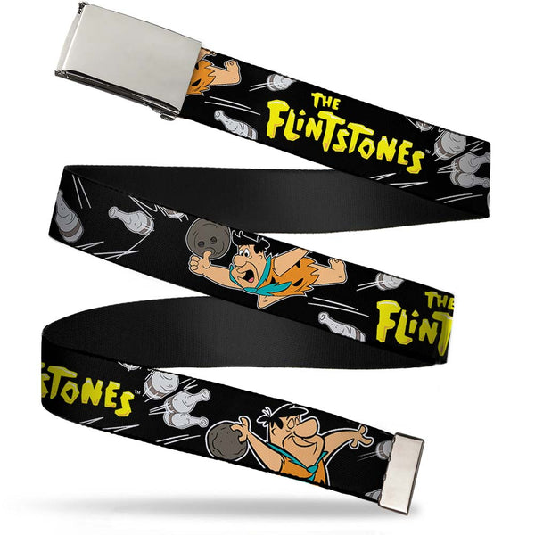 Buckle-Down Chrome Buckle Web Belt - THE FLINTSTONES Fred Bowling Poses/Bowling Pins Black Webbing