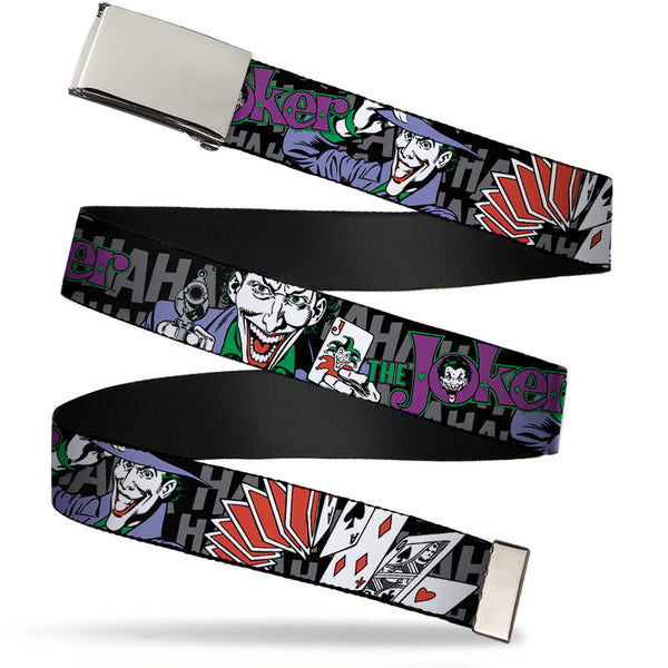 Buckle-Down Chrome Buckle Web Belt - The Joker Pose/Cards/HAHAHAHA Black/Gray Webbing