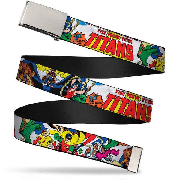 Buckle-Down Chrome Buckle Web Belt - THE NEW TEEN TITANS Issue #1 Superhero Cover Poses White Webbing