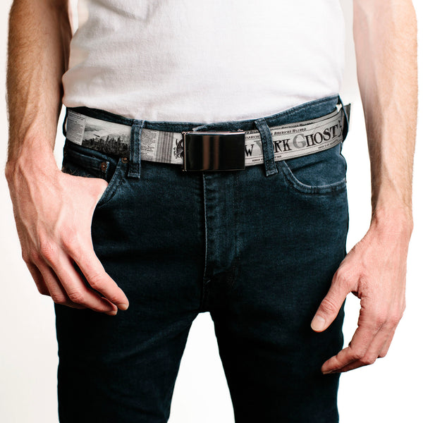 Buckle-Down Chrome Buckle Web Belt - THE NEW YORK GHOST Newspaper Headlines White/Grays/Black Webbing