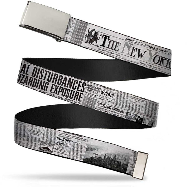 Buckle-Down Chrome Buckle Web Belt - THE NEW YORK GHOST Newspaper Headlines White/Grays/Black Webbing