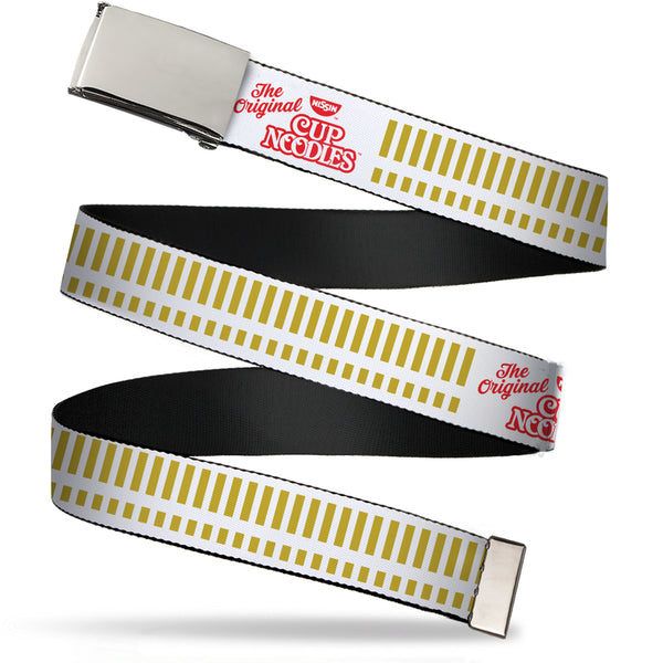 Buckle-Down Chrome Buckle Web Belt - THE ORIGINAL CUP NOODLES Caterpillar Striping White/Red/Gold Webbing
