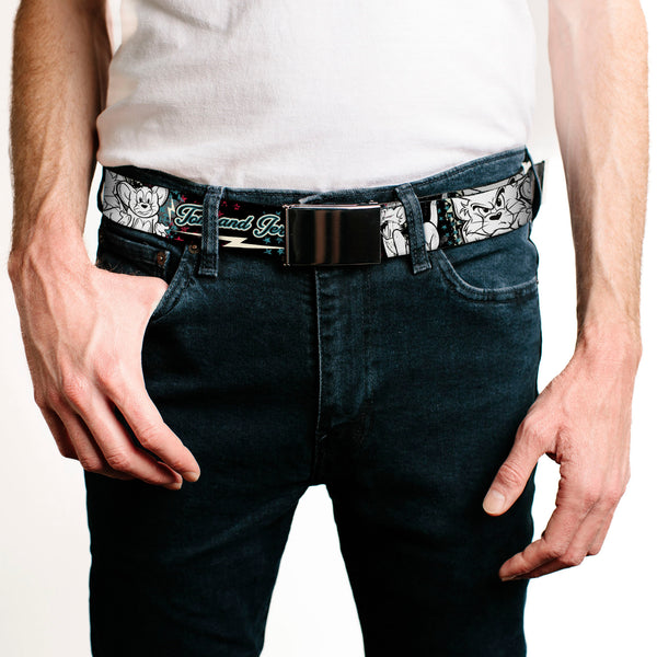 Buckle-Down Chrome Buckle Web Belt - TOM & JERRY Face & Pose Sketch Black/White/Red/Blue Webbing
