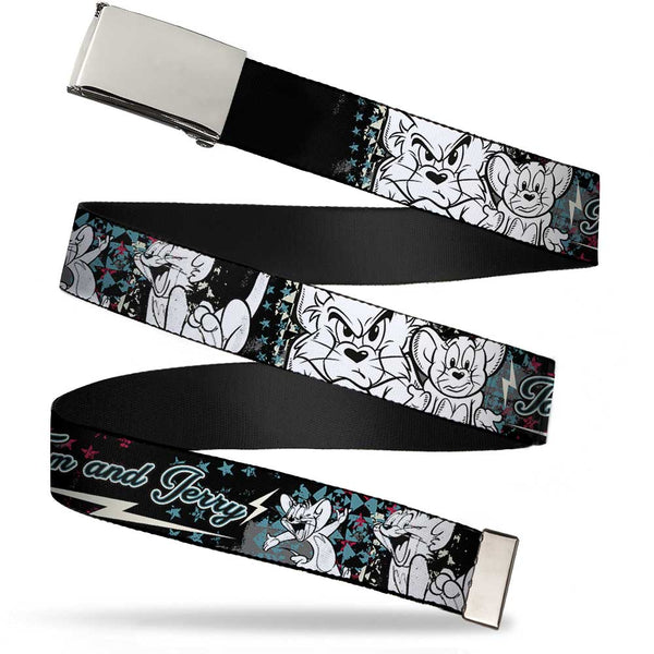Buckle-Down Chrome Buckle Web Belt - TOM & JERRY Face & Pose Sketch Black/White/Red/Blue Webbing
