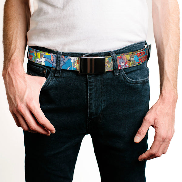 Buckle-Down Chrome Buckle Web Belt - TOM & JERRY Faces/Stacked Scene Panels Webbing