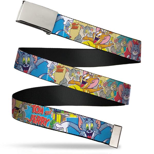 Buckle-Down Chrome Buckle Web Belt - TOM & JERRY Faces/Stacked Scene Panels Webbing