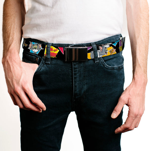 Buckle-Down Chrome Buckle Web Belt - TOM & JERRY Poses Black/Multi Color Webbing