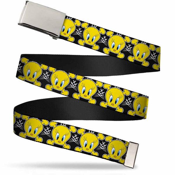 Buckle-Down Chrome Buckle Web Belt - Tweety Bird & Crossbones Black/White/Yellow Webbing