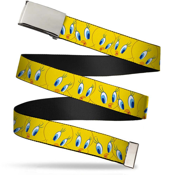 Buckle-Down Chrome Buckle Web Belt - Tweety Bird Expressions Yellow Webbing
