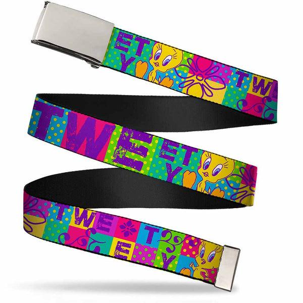 Buckle-Down Chrome Buckle Web Belt - TWEETY Letter Blocks Polka Dot Multi Color Webbing