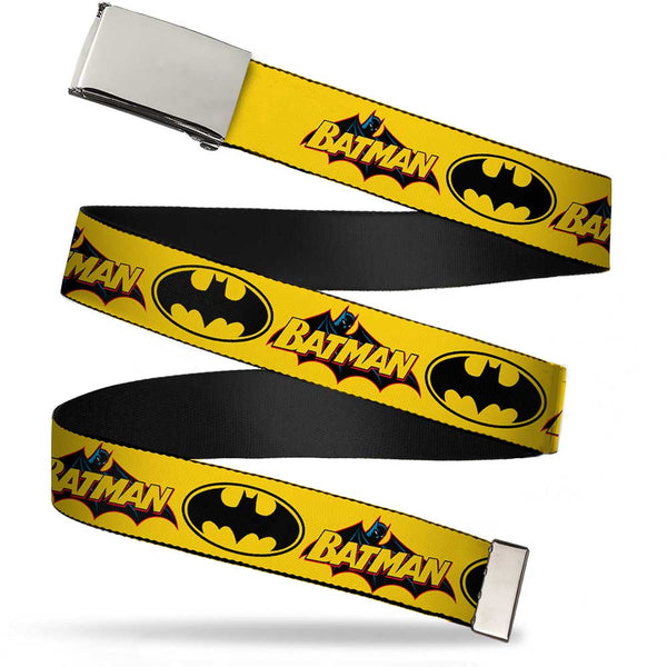 Buckle-Down Chrome Buckle Web Belt - Vintage Batman Logo & Bat Signal-3 Yellow Webbing