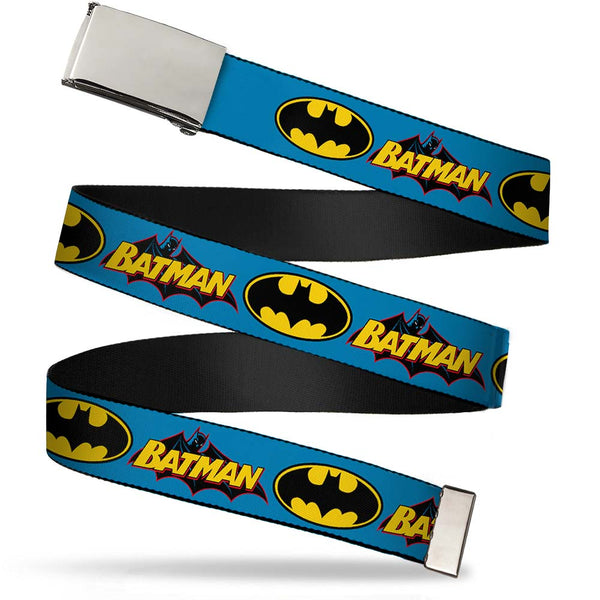 Buckle-Down Chrome Buckle Web Belt - Vintage Batman Logo & Bat Signal Blue Webbing