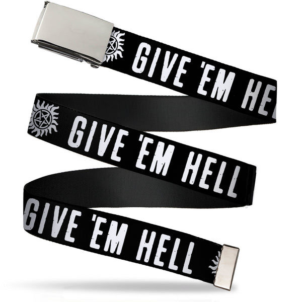 Buckle-Down Chrome Buckle Web Belt - Winchester Pentagram GIVE 'EM HELL Black/White Webbing
