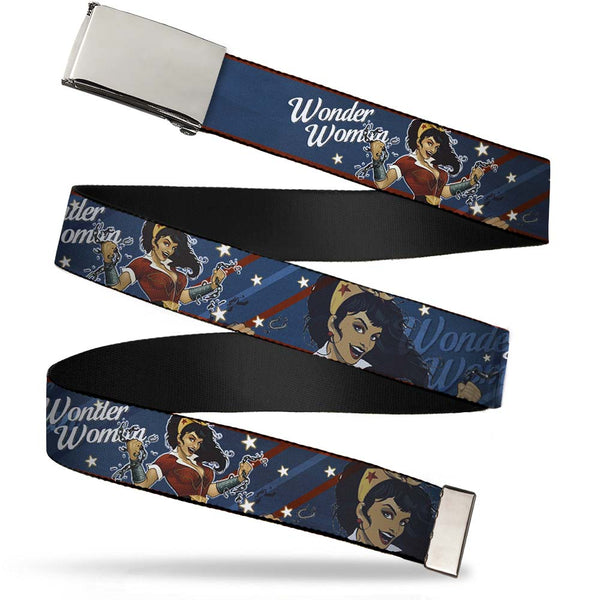 Buckle-Down Chrome Buckle Web Belt - WONDER WOMAN/Bombshell Pose Blue/Red/White Webbing
