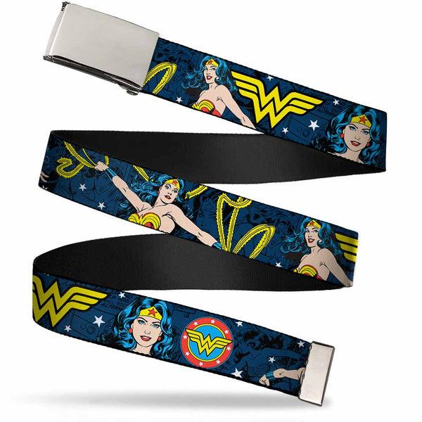 Buckle-Down Chrome Buckle Web Belt - Wonder Woman Face/Poses/Logos/Comic Scenes Blues/Yellow Webbing