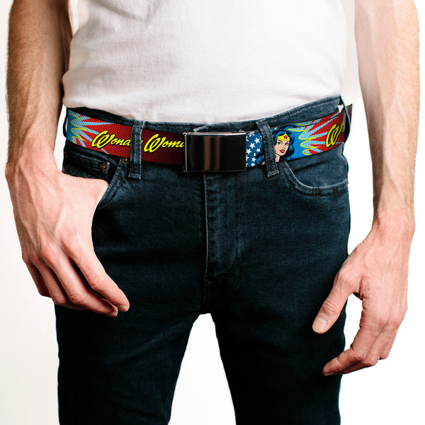 Buckle-Down Chrome Buckle Web Belt - Wonder Woman Face W/Stars Webbing