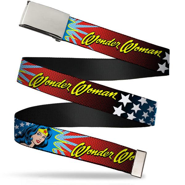 Buckle-Down Chrome Buckle Web Belt - Wonder Woman Face w/Stars Webbing