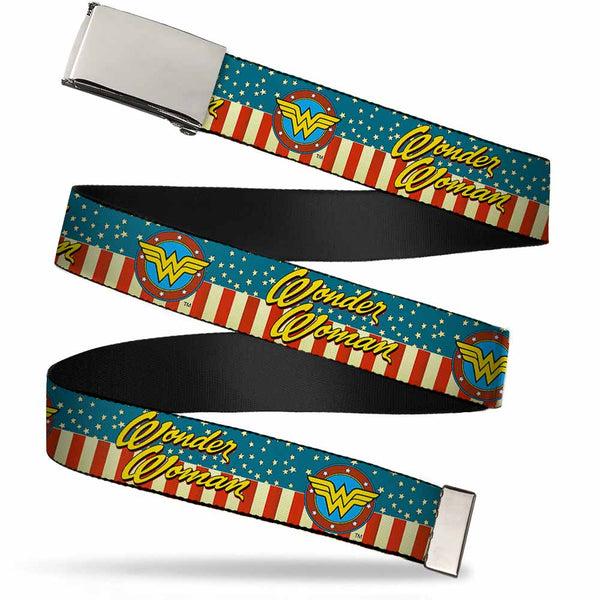 Buckle-Down Chrome Buckle Web Belt - WONDER WOMAN/Logo Americana Red/White/Blue/Yellow Webbing