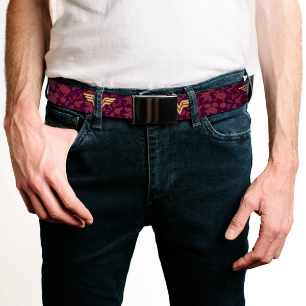 Buckle-Down Chrome Buckle Web Belt - Wonder Woman Logo/Floral Collage Purple/Pinks/Gold Webbing