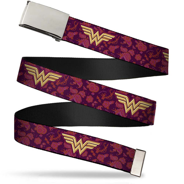 Buckle-Down Chrome Buckle Web Belt - Wonder Woman Logo/Floral Collage Purple/Pinks/Gold Webbing