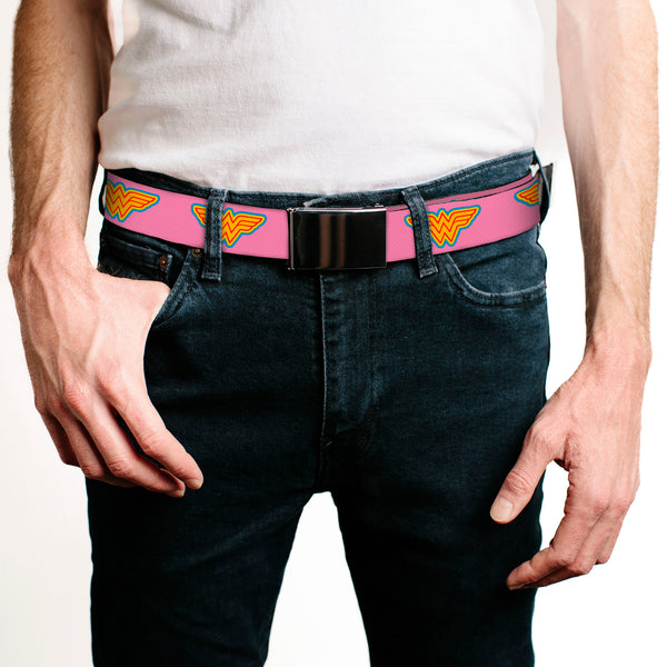 Buckle-Down Chrome Buckle Web Belt - Wonder Woman Logo Pink/Blue/Yellow/Pink Webbing