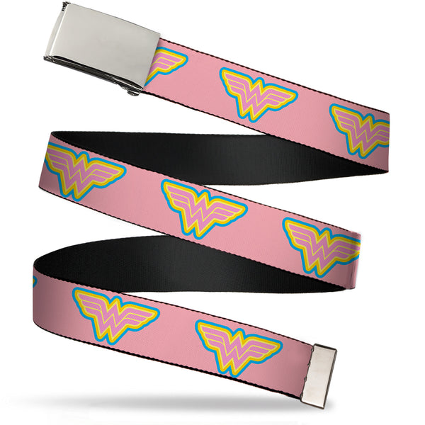 Buckle-Down Chrome Buckle Web Belt - Wonder Woman Logo Pink/Blue/Yellow/Pink Webbing