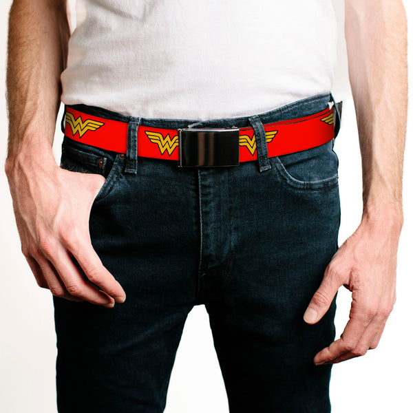 Buckle-Down Chrome Buckle Web Belt - Wonder Woman Logo Red Webbing