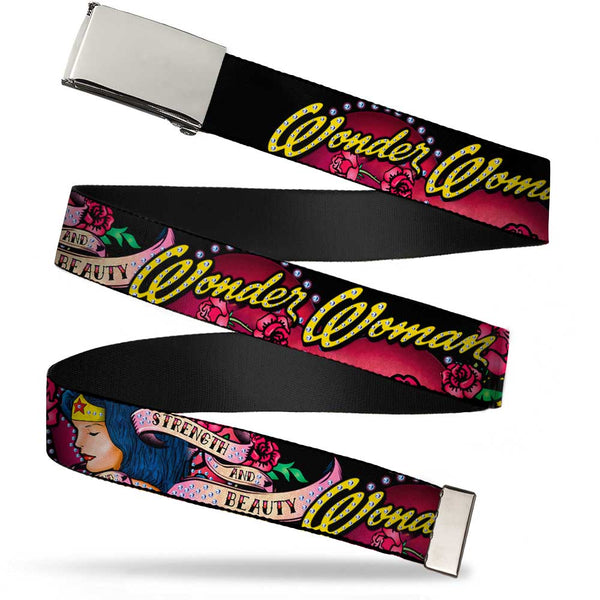 Buckle-Down Chrome Buckle Web Belt - WONDER WOMAN/Roses STRENGTH AND BEAUTY Black-Pink Fade Webbing