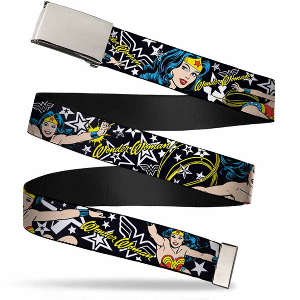 Buckle-Down Chrome Buckle Web Belt - Wonder Woman/Stars Black/White Webbing