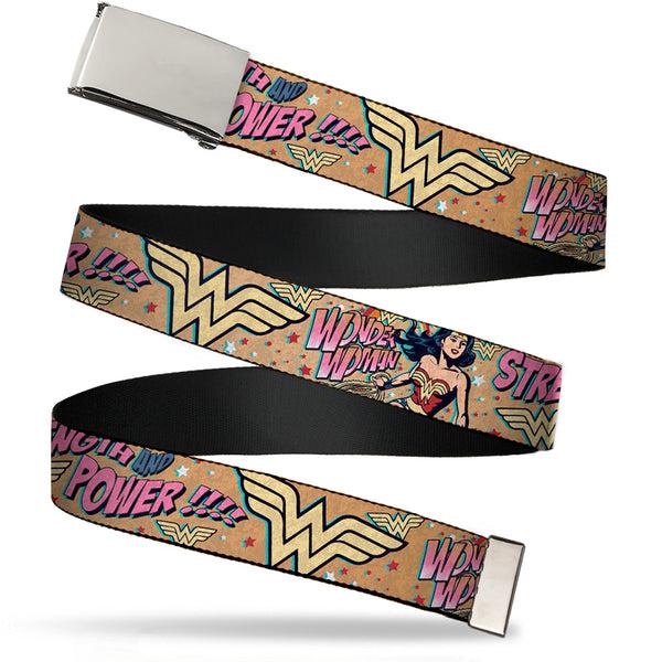 Buckle-Down Chrome Buckle Web Belt - Wonder Woman Strength & Power Webbing