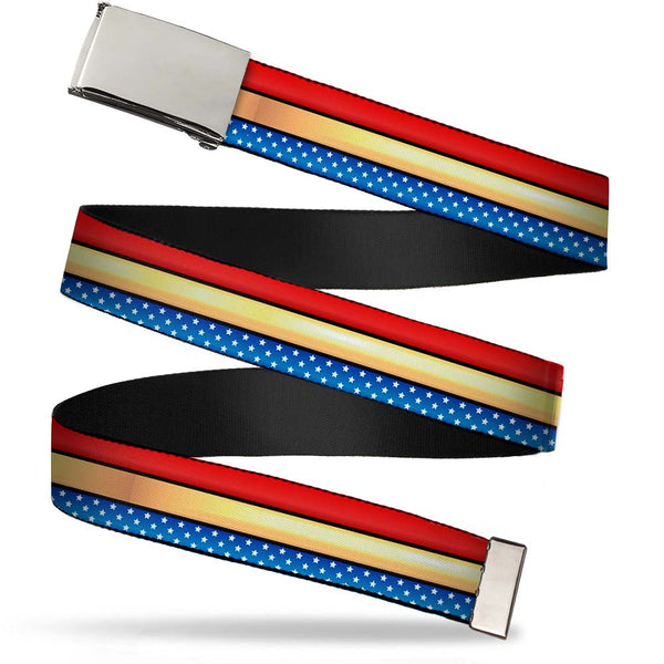 Buckle-Down Chrome Buckle Web Belt - Wonder Woman Stripe/Stars Red/Gold/Blue/White Webbing