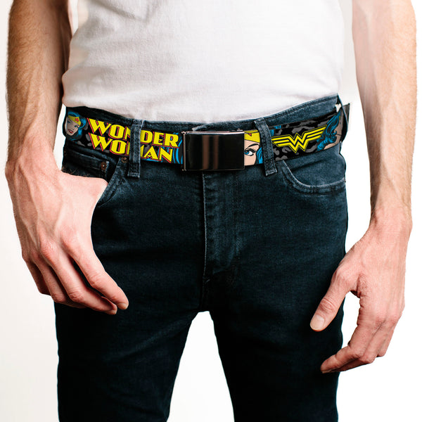 Buckle-Down Chrome Buckle Web Belt - WONDER WOMAN W/Face CLOSE-UP Leopard Black/Gray Webbing