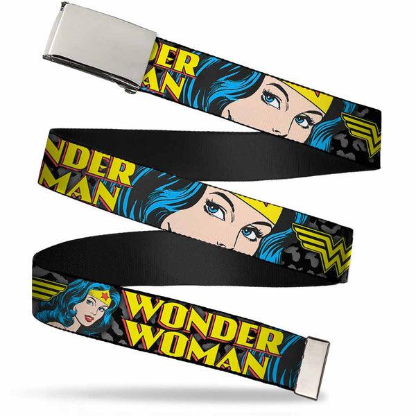 Buckle-Down Chrome Buckle Web Belt - WONDER WOMAN w/Face CLOSE-UP Leopard Black/Gray Webbing