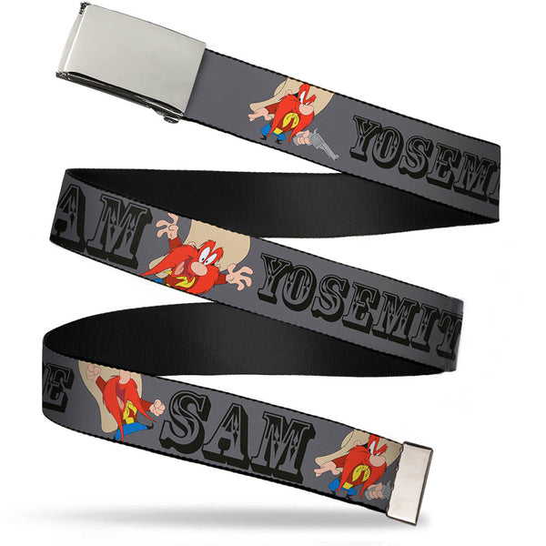Buckle-Down Chrome Buckle Web Belt - YOSEMITE SAM w/Poses Gray Webbing