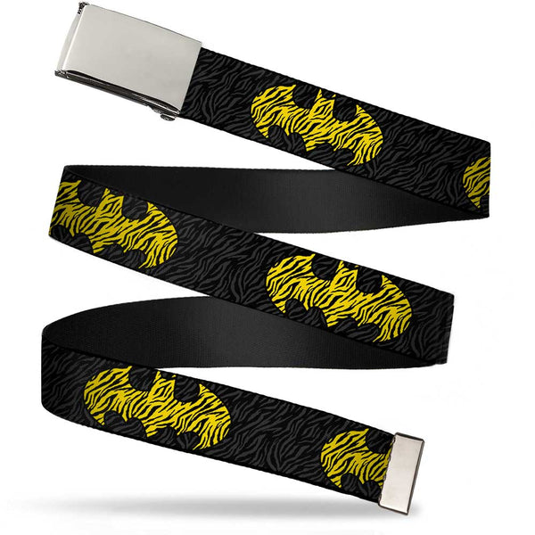 Buckle-Down Chrome Buckle Web Belt - Zebra Bat Signal Black/Gray/Yellow/Black Webbing